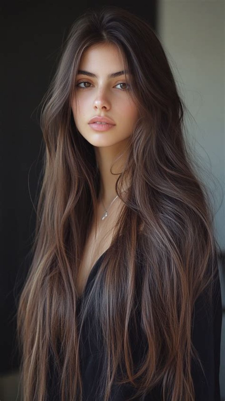 a woman with long hair smiling at the camera while wearing a gray