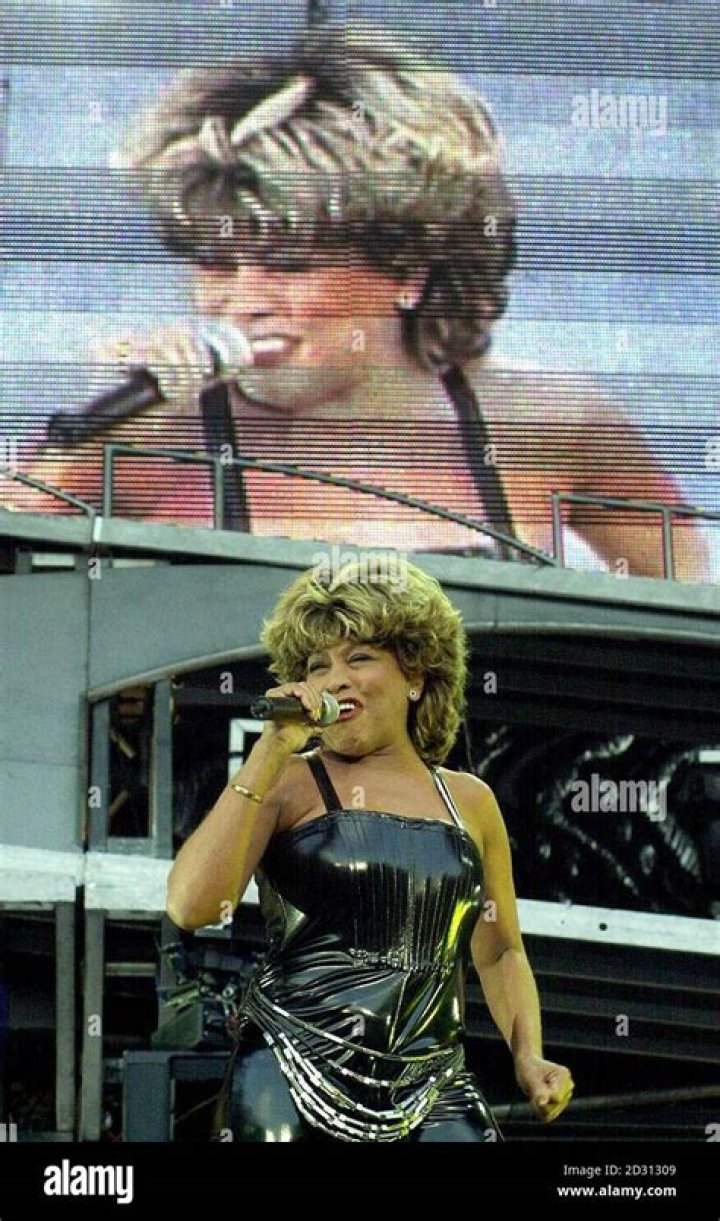 American singer Tina Turner on stage at London's Wembley Stadium in her