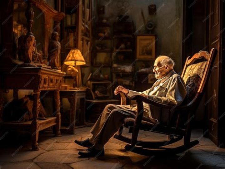 an old man sitting in front of a tent with his hand up to the side