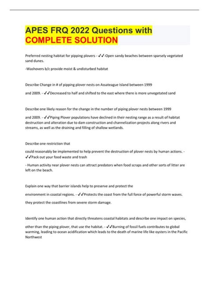 APES FRQ 2022 Questions with COMPLETE SOLUTION Habitat destruction