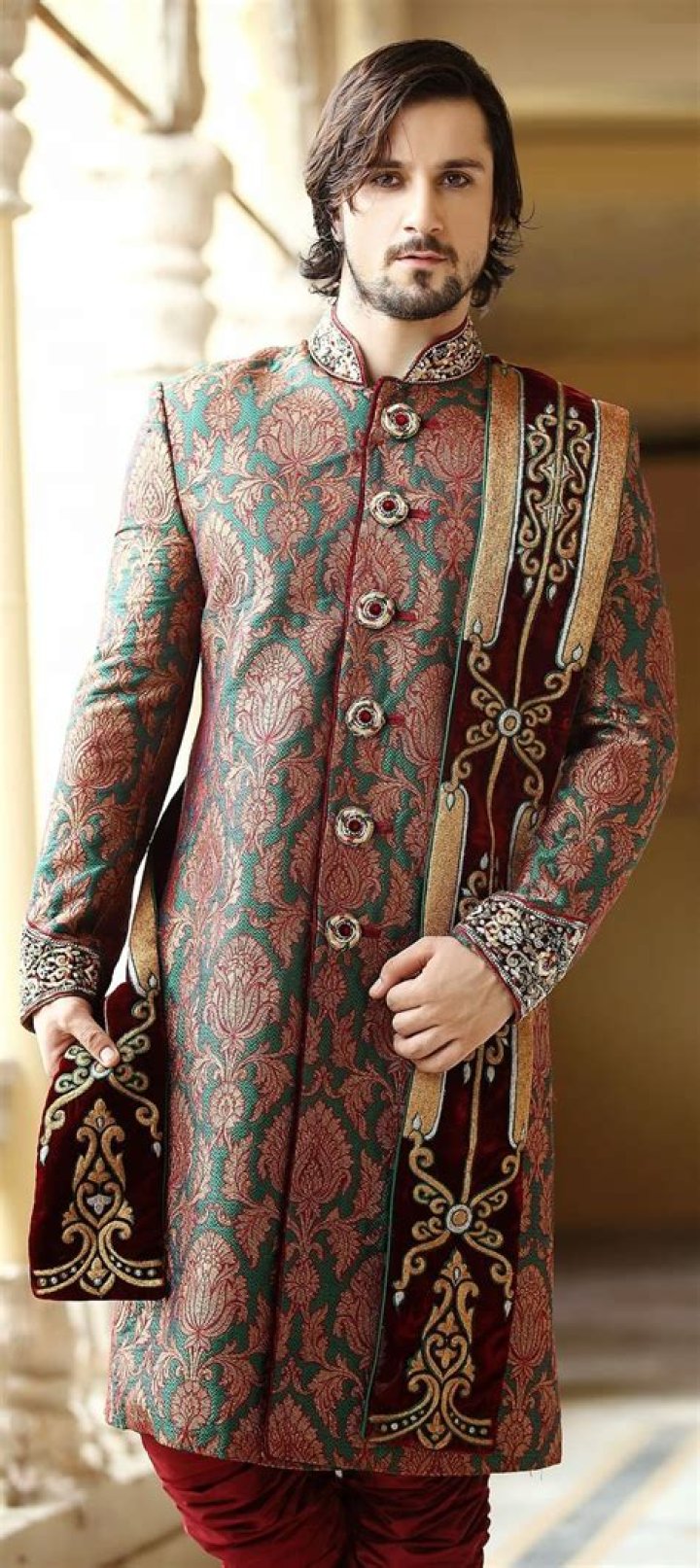 Brocade Sherwani in Green with Stone work in 2019 Sherwani, Wedding sherwani, Men dress