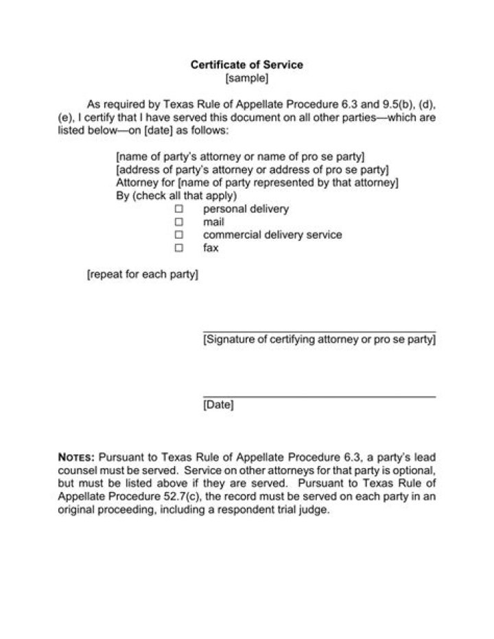 Certificate Of Service Texas Template