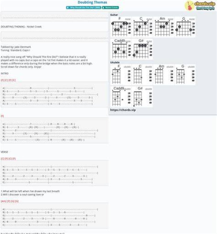 Chord Doubting Thomas tab, song lyric, sheet, guitar, ukulele