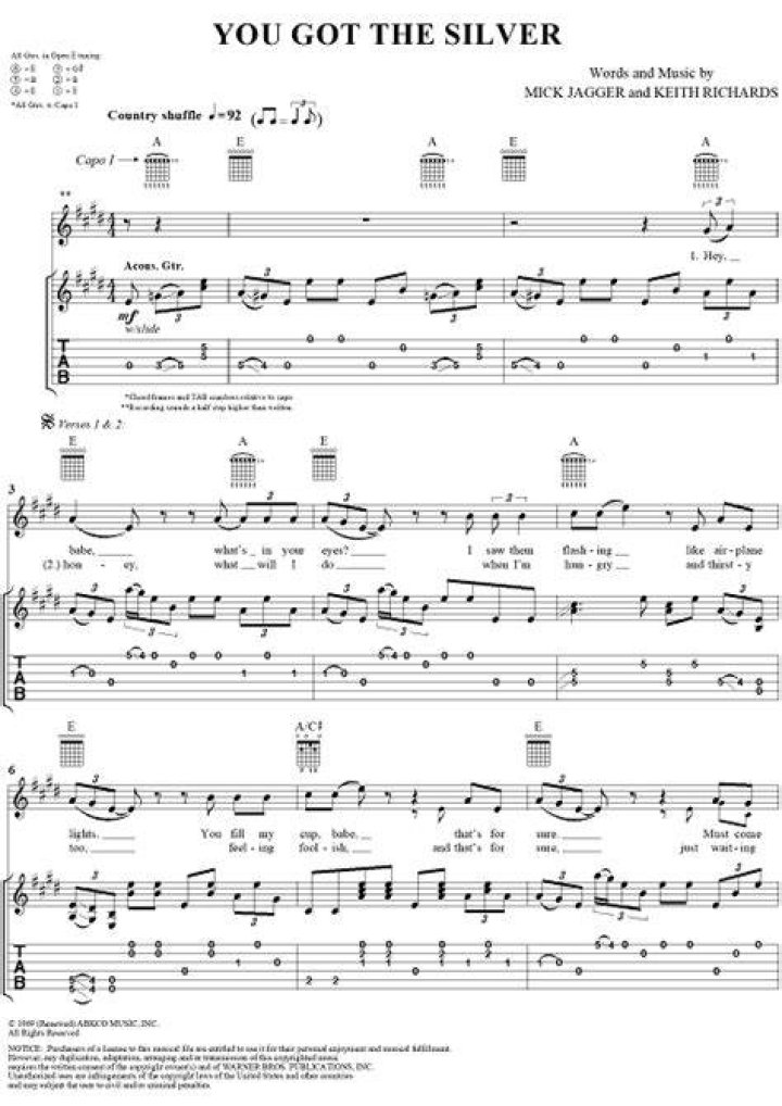 Chord You Got the Silver tab, song lyric, sheet, guitar, ukulele