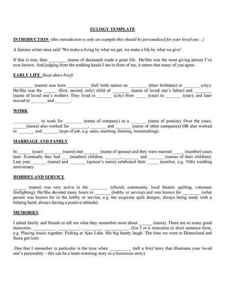 Free Eulogy Template Printable Templates
