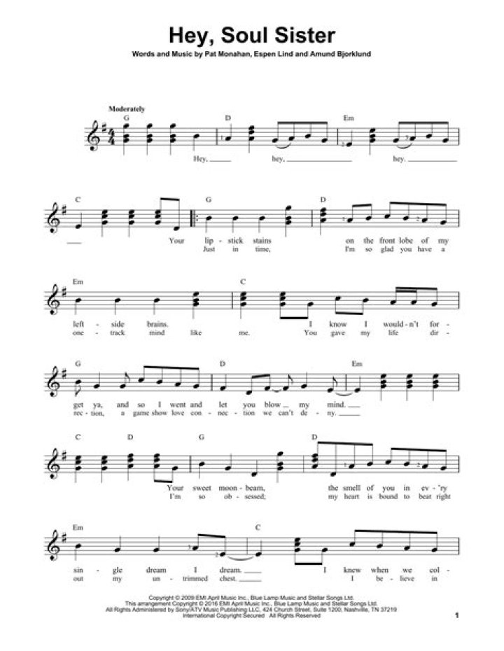 Hey Soul Sister Sheet Music Hey Soul Sister Score &bull;