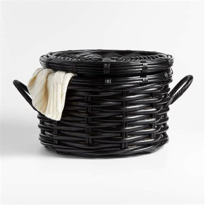 Home Collection Round Black Wicker Basket With Liner & Handles EEC