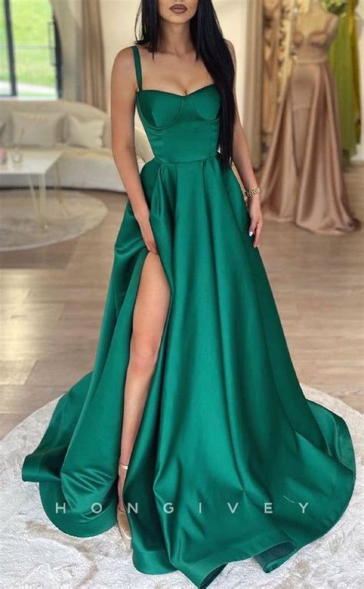 HONGIVEY A line prom dresses, Prom dresses, Side slit prom dress