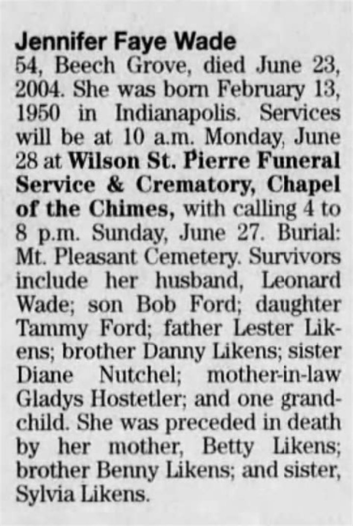 Jenny Fay Likens Wade (19502004) Find a Grave Memorial
