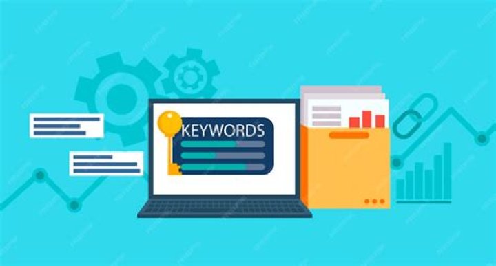 Keywords Research banner. Laptop with a folder of documents and graphs