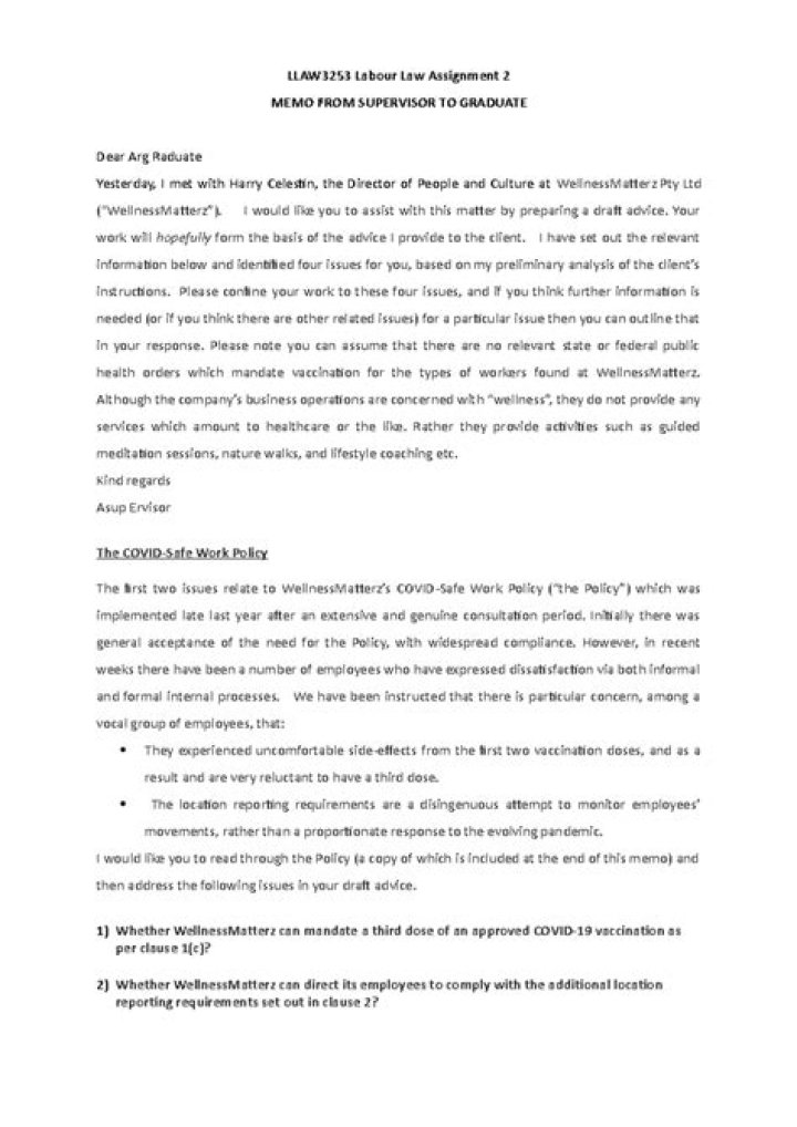 LLAW MEMO Law memo example LLAW3253 Labour Law Assignment 2 MEMO