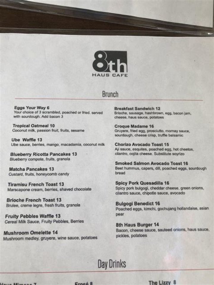 Menu at 8th Haus Cafe, Anaheim