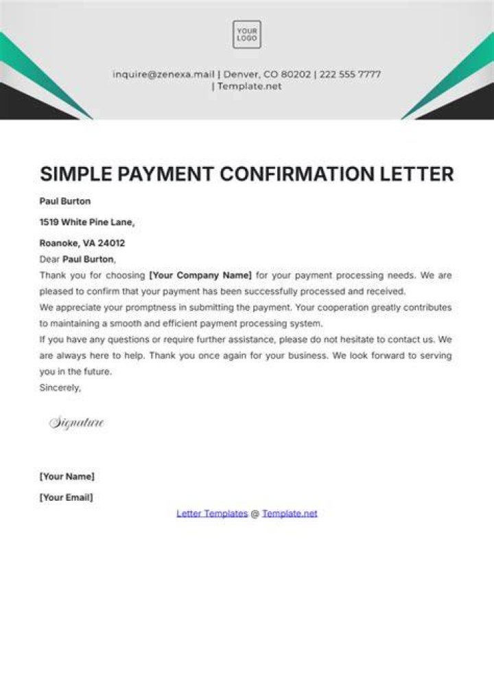Payment Confirmation Letter Sample Letter of Confirmation YouTube