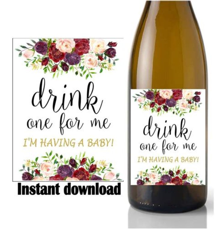 Pregnancy Announcement, Drink One for Me Wine Label, Floral, Baby