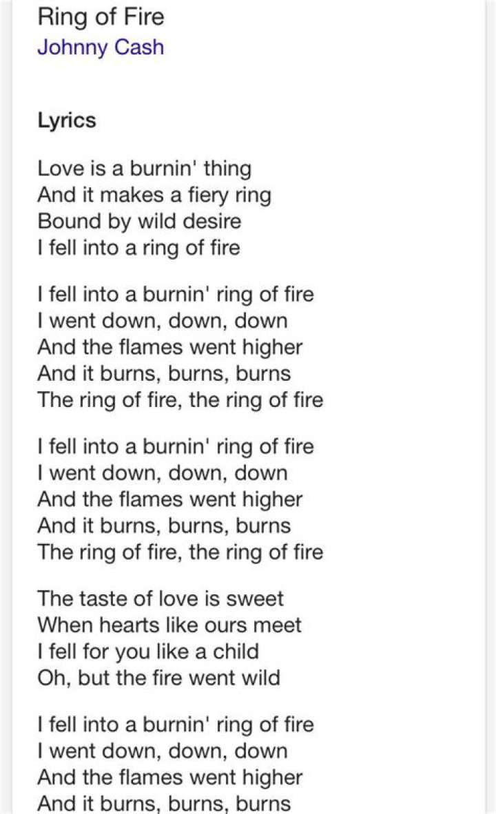 Ring of fire lyrics Johnny Cash. One of the best songs ever... Fire