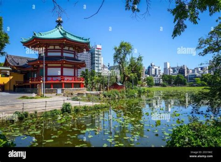 Shinobazu pond and Benten Hall Temple, Ueno, Tokyo, Japan Stock Photo