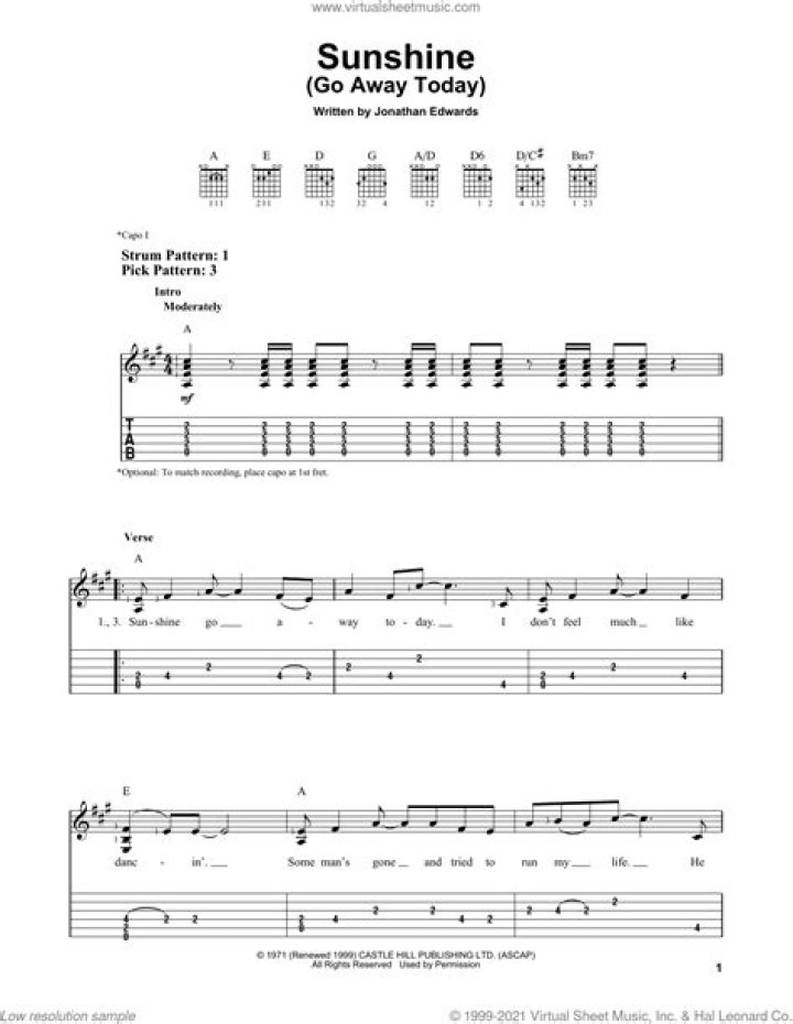 Sunshine (Go Away Today) Sheet Music Jonathan Edwards Easy Guitar Tab