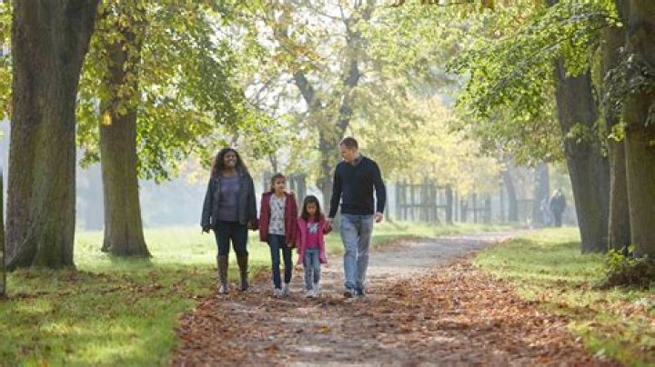 the family is walking together down the street with one holding their