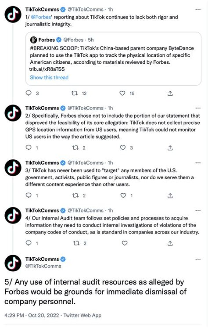 TikTok fires back at Forbes, denies report of a plan to track specific