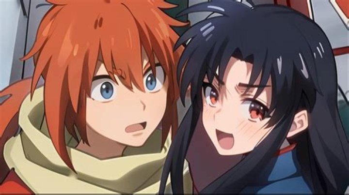two anime characters are standing next to each other with one holding