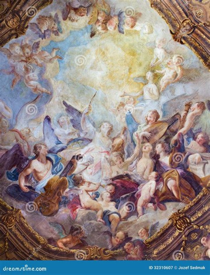 Vienna Baroque angel choirs fresco from ceiling one of side chapel in
