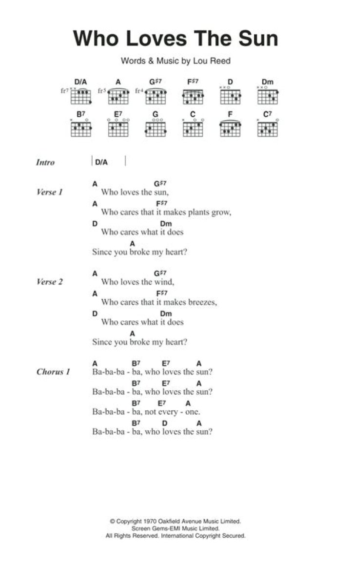 Who Loves The Sun Sheet Music by The Velvet Underground Guitar Chords
